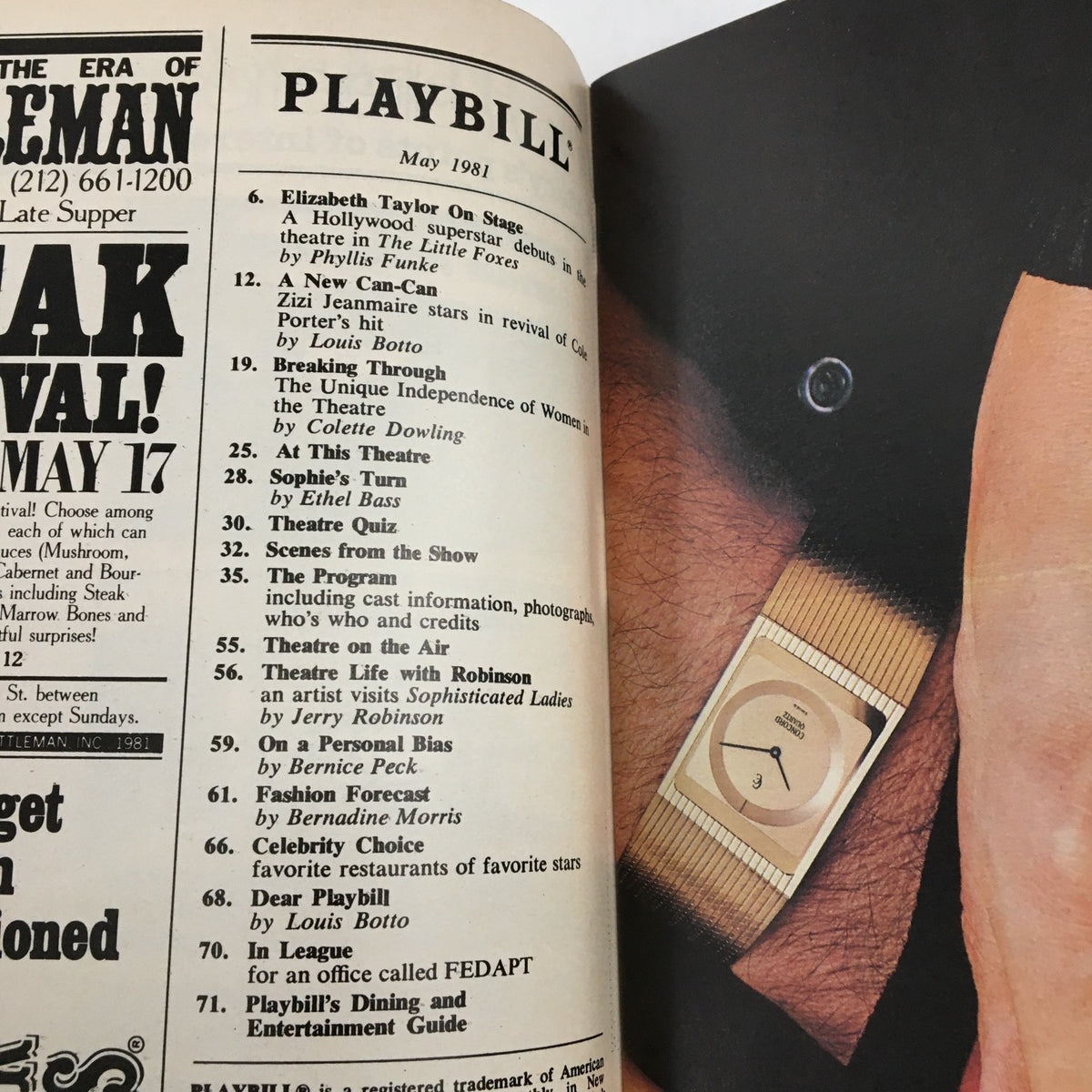 1981 Playbill for Duke Ellington's Sophisticated Ladies at the Lunt-Fontanne Theatre, featuring a list of performances and articles from May 1981.