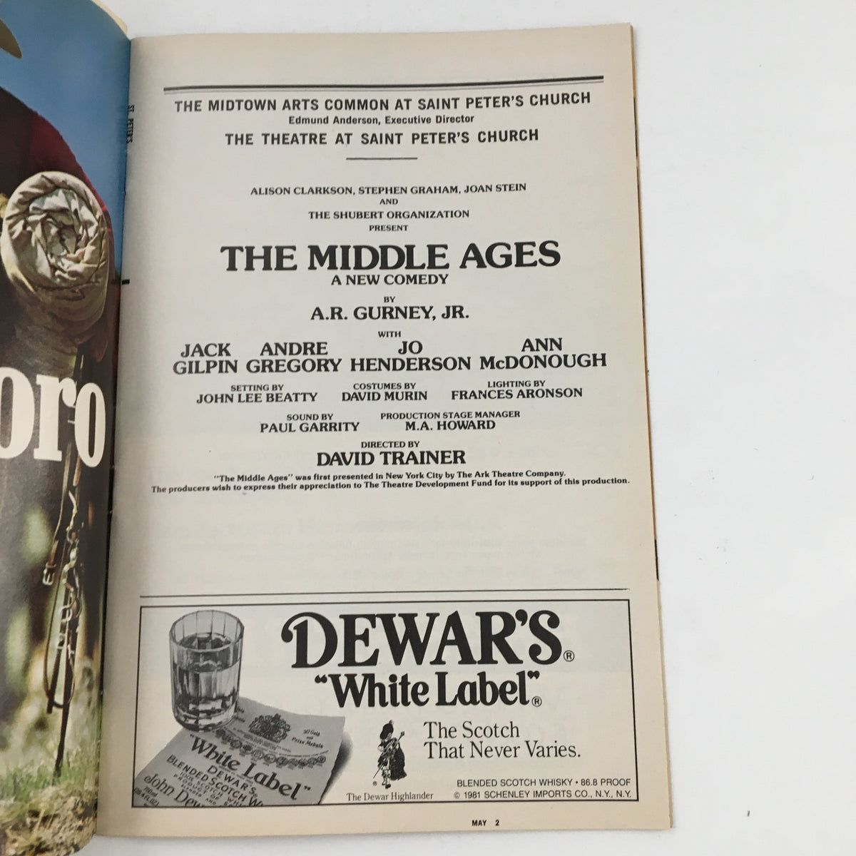 Inside page of the 1983 Showbill for The Theatre at Saint Peter's Church presenting The Middle Ages, including cast and production details.