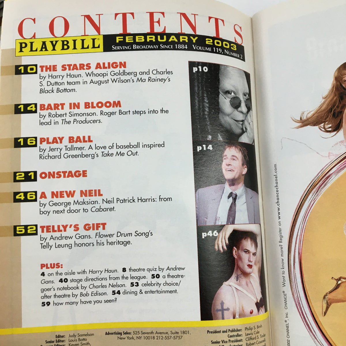 Interior page of the 2003 Playbill for Adult Entertainment by Elaine May, showcasing the table of contents for February 2003.