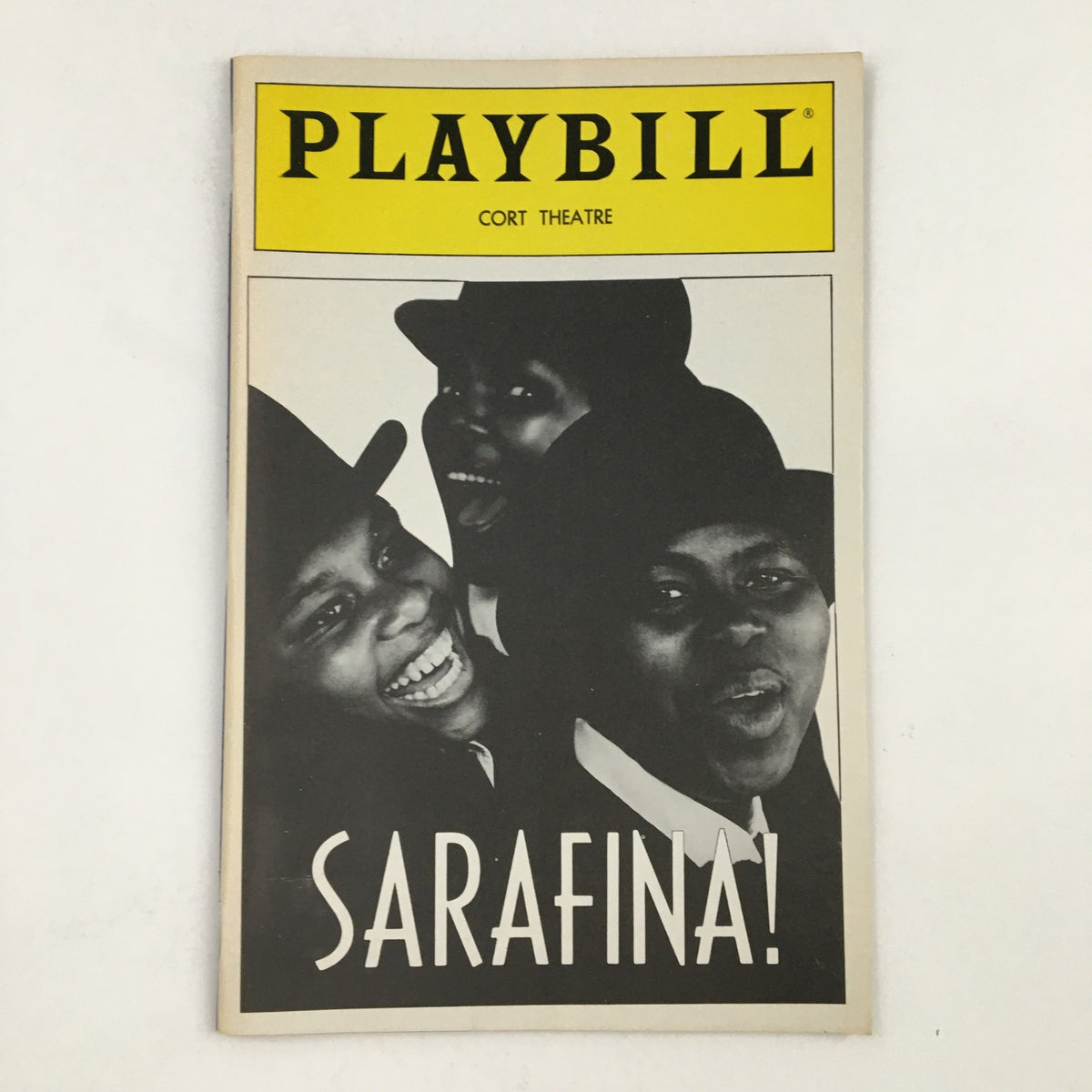 1988 Playbill for 'Sarafina!' by Mbongeni Ngema featuring vibrant black and white imagery from the performance at Cort Theatre.