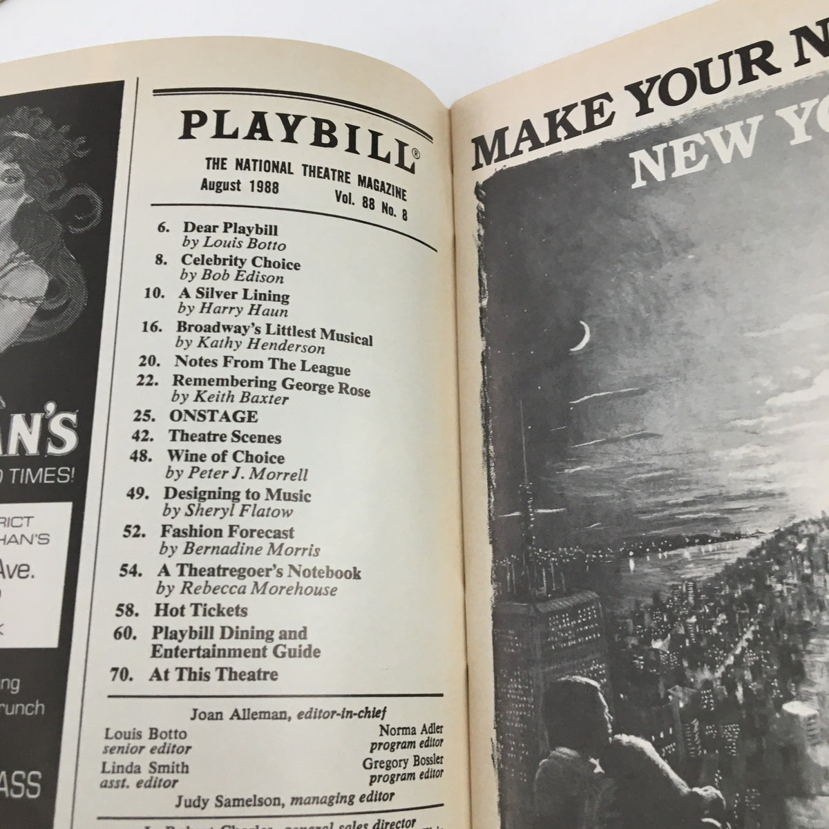 Interior page of the 1988 Playbill showcasing contents and articles from August issue, highlighting theatre insights and special features.
