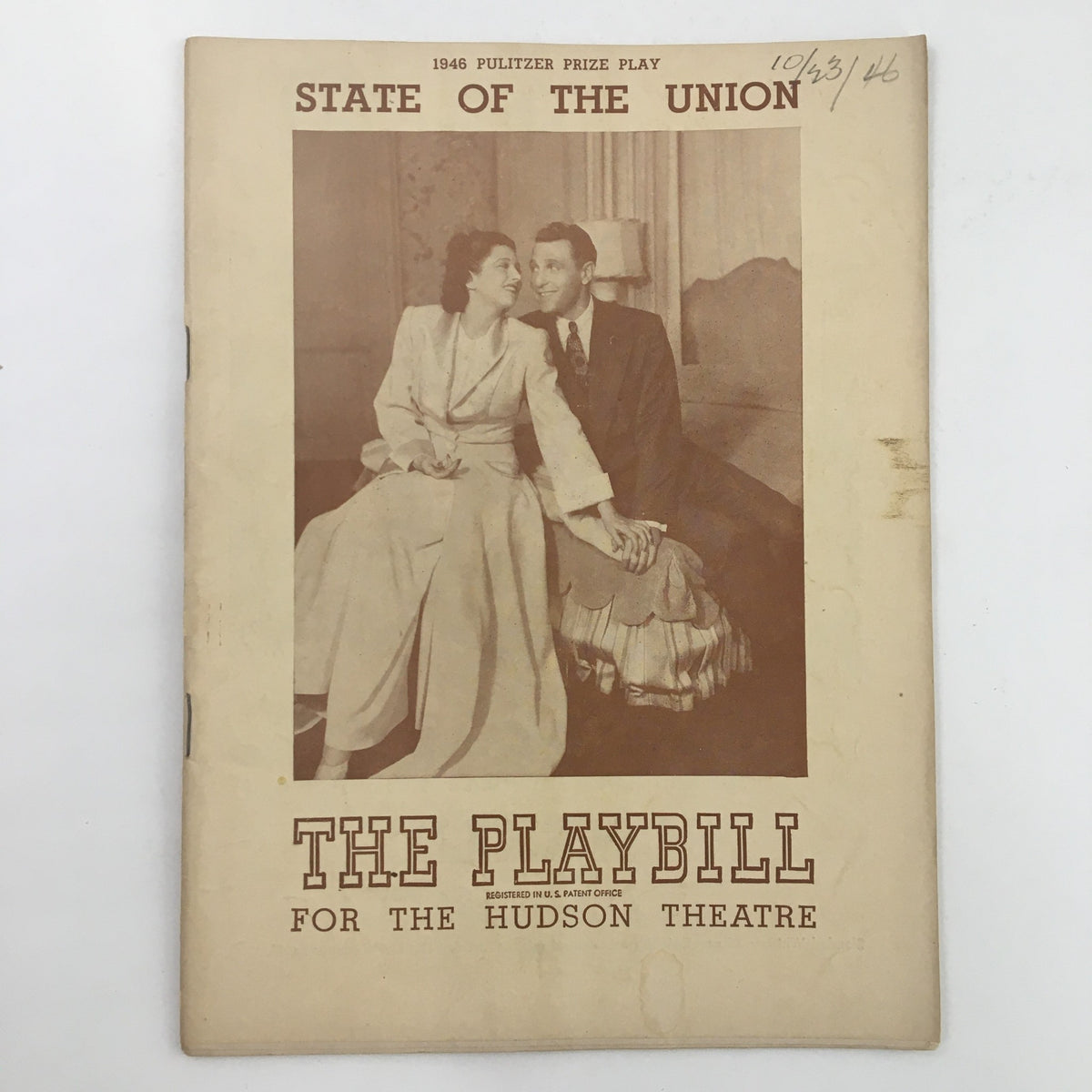 1946 Playbill Hudson Theatre featuring Ralph Bellamy in State of the Union. Cover photo shows a man and woman seated together, smiling at each other.