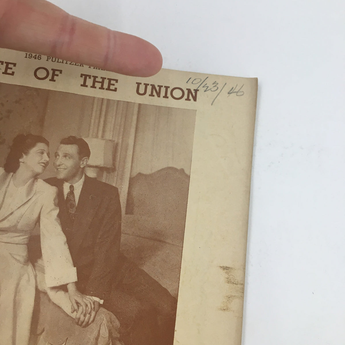 1946 Playbill Hudson Theatre featuring Ralph Bellamy in State of the Union. Close-up of the cover with a handwritten date of 10/43/46.