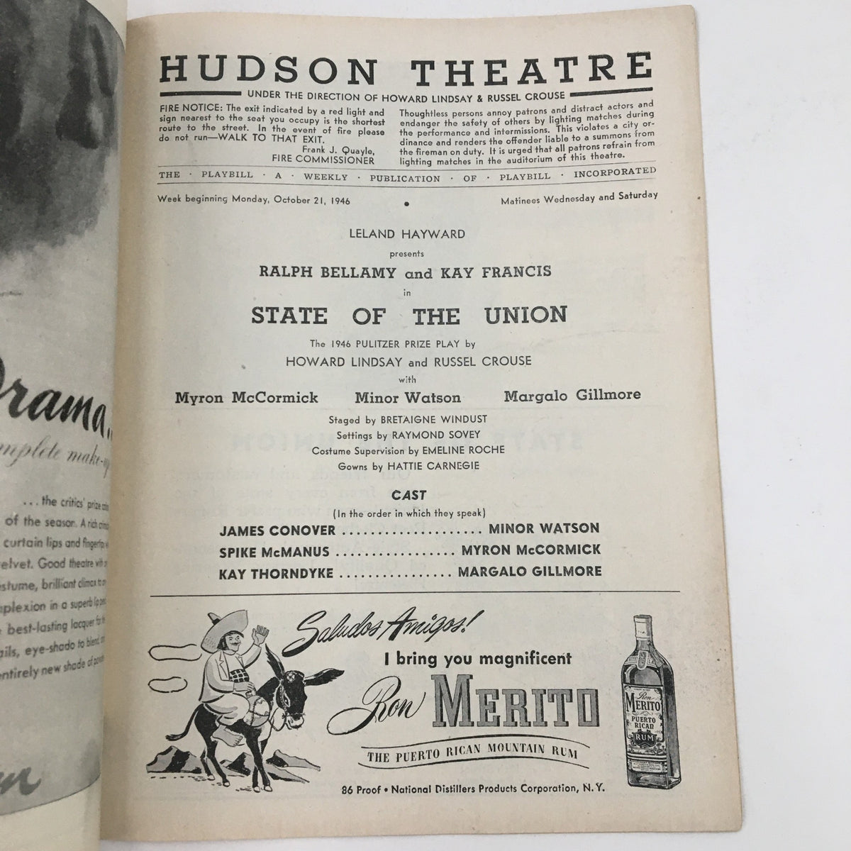Interior page of the 1946 Playbill Hudson Theatre featuring Ralph Bellamy in State of the Union. Lists cast and production details including director and promotional content.