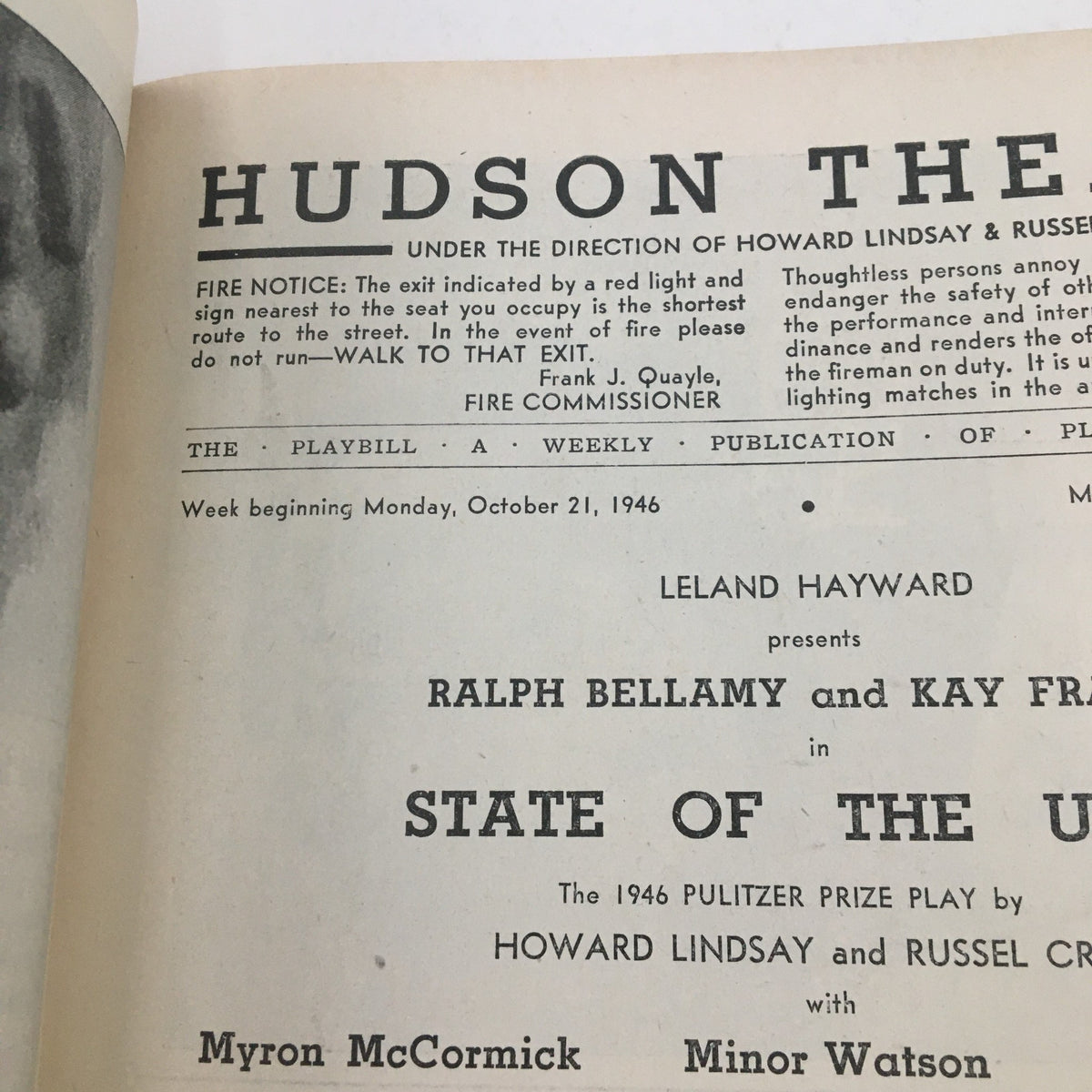 Close-up of an interior page of the 1946 Playbill Hudson Theatre featuring Ralph Bellamy in State of the Union. Provides detailed credits and a fire safety notice.