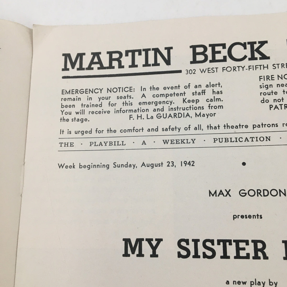 1942 Playbill from the Martin Beck Theatre showcasing the production of 'My Sister Eileen' by Ruth M. The image features an interior view with emergency notices and publication details from the theatre, dated the week of August 23, 1942.