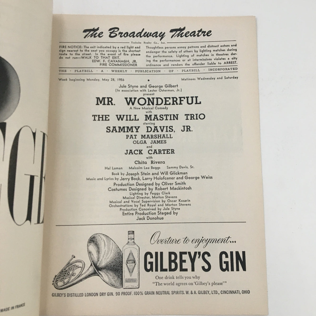 Interior page of the 1956 Playbill for Mr. Wonderful, listing cast and production details at the Broadway Theatre.