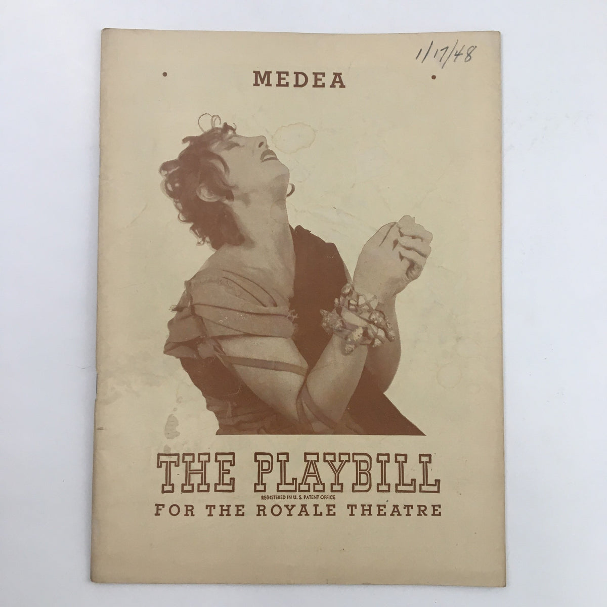 1948 Playbill for Medea at the Royale Theater featuring a dramatic image of Judith Anderson, capturing the essence of the classic Greek tragedy.