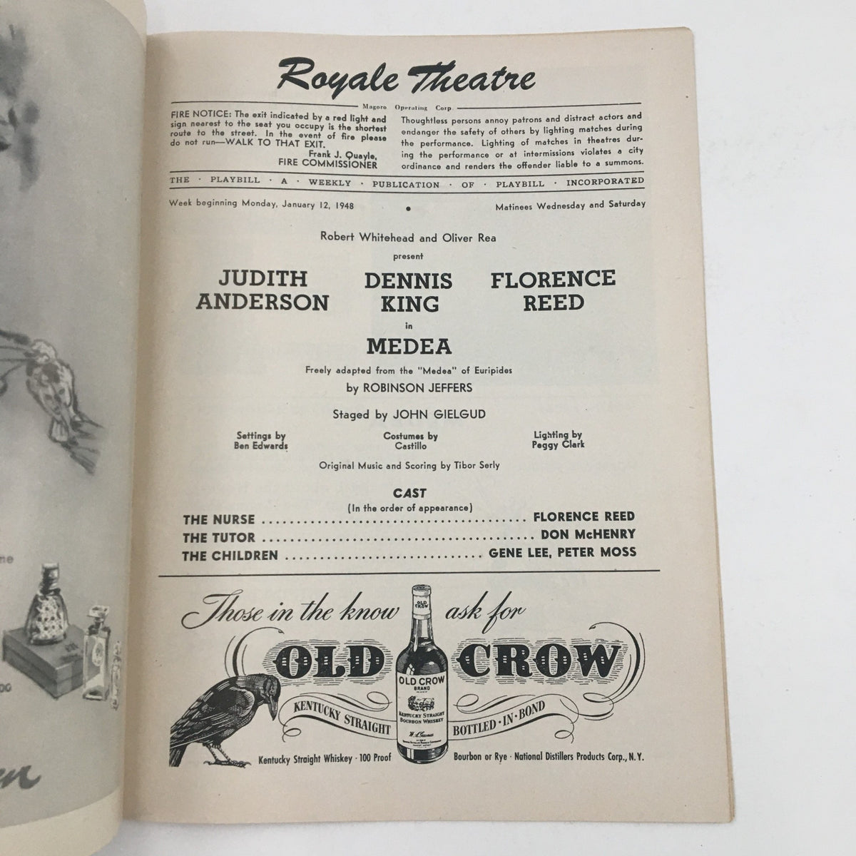 Interior page of the 1948 Playbill Royale Theater, featuring Judith Anderson, Dennis King, and Florence Reed in Medea, staged by John Gielgud.