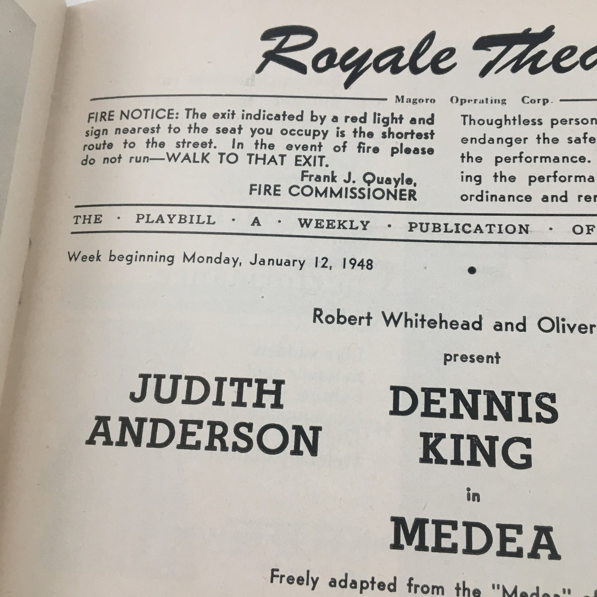 Close-up of the title page from the 1948 Playbill Royale Theater, highlighting Judith Anderson's name in the production of Medea.