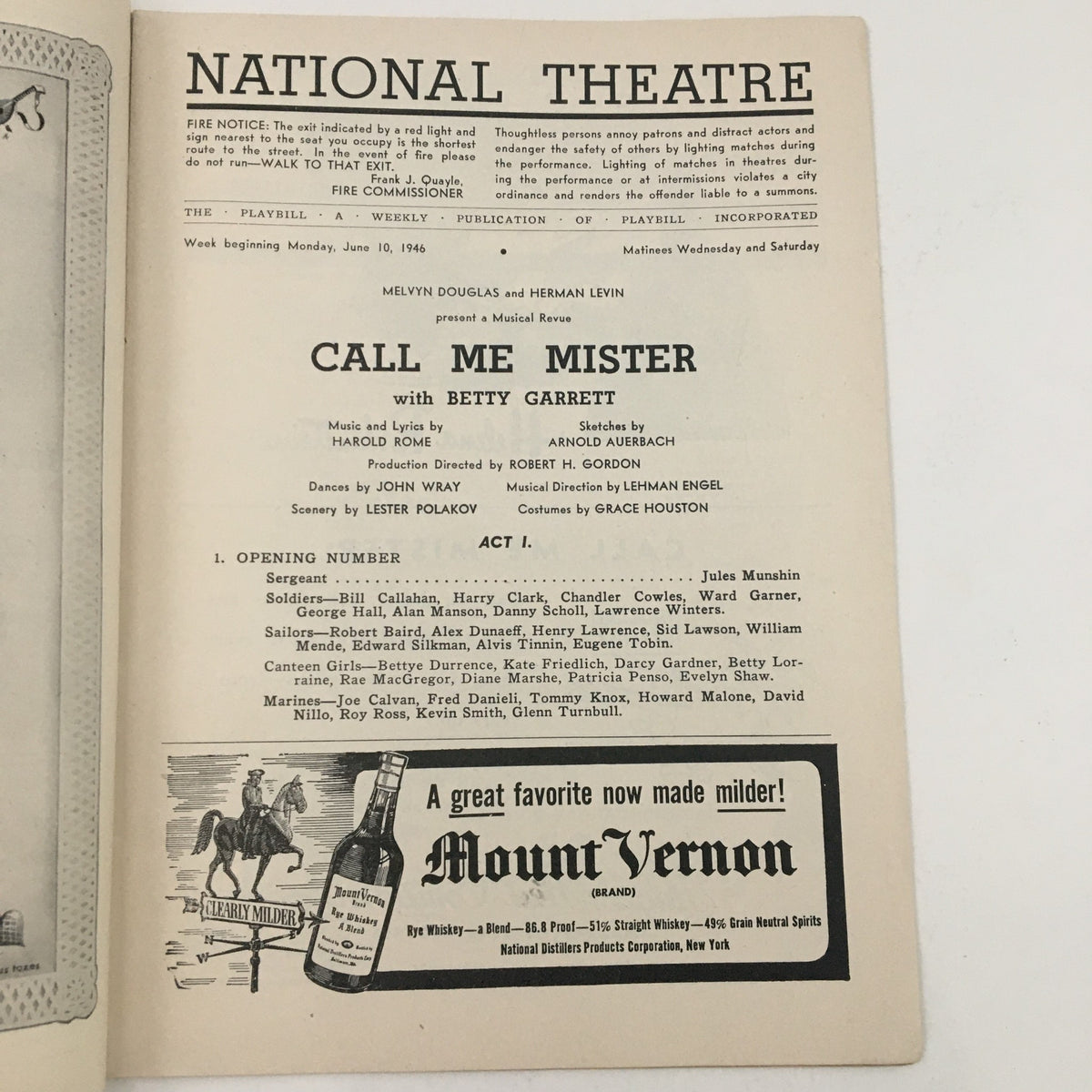 Interior page of the 1946 Playbill for Call Me Mister, detailing cast information and production credits for the National Theatre performance.