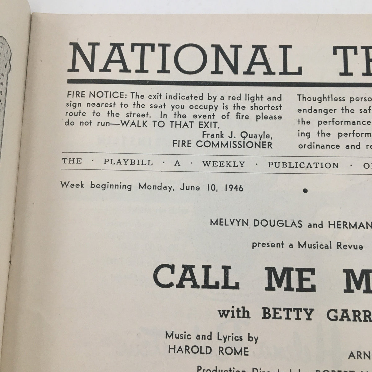 Another view of the interior of the 1946 Playbill for Call Me Mister, including notable musicians and theatrical details from the National Theatre.