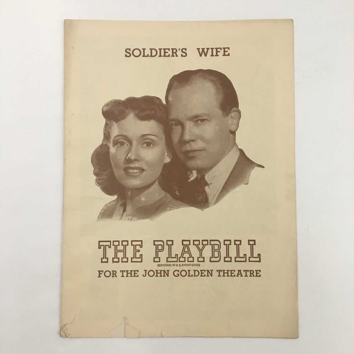 1945 Playbill for Soldier's Wife at the John Golden Theatre featuring a classic black and white photograph of actors.