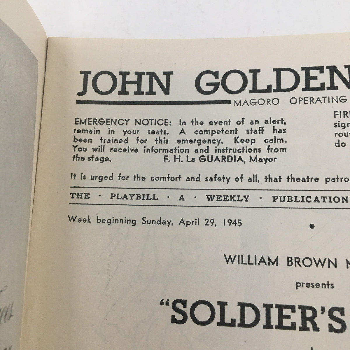 Emergency notice section from the interior of the 1945 Playbill for Soldier's Wife, showcasing safety instructions for the audience at the John Golden Theatre.