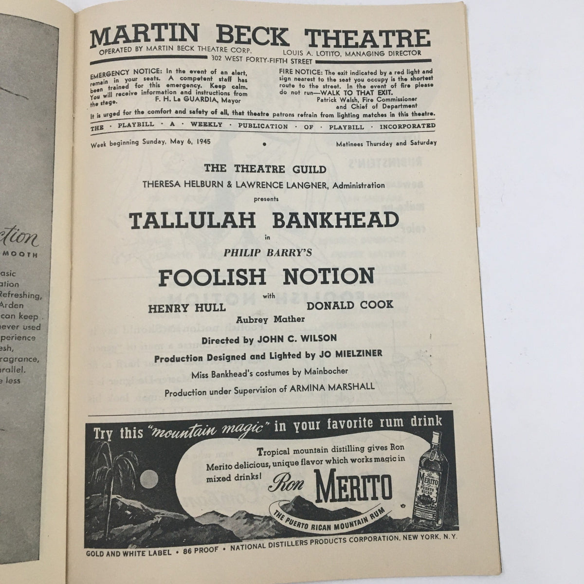 1945 Playbill Martin Beck Theatre interior featuring details about Tallulah Bankhead and the production of Foolish Notion with cast and crew information.