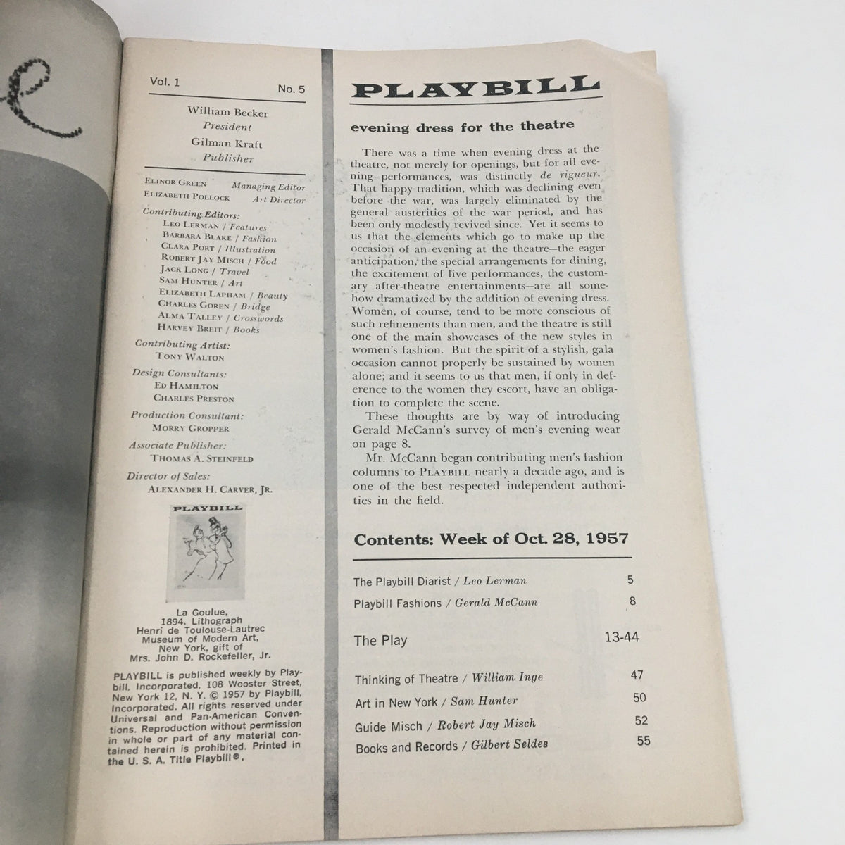 Page from the 1957 Playbill for Romanoff and Juliet, detailing the contents and the theatre's history, emphasizing its vintage appeal.