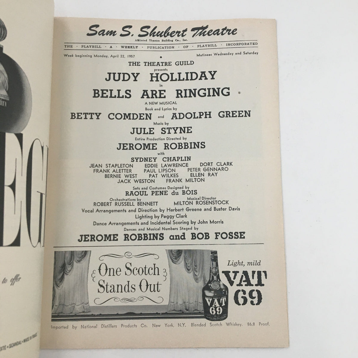 Inside page of the 1957 Playbill from Sam S. Shubert Theatre showcasing Judy Holliday in Bells Are Ringing, listing the production details.