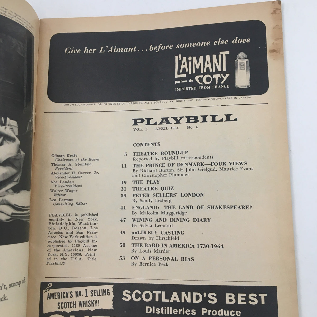Contents page of the April 1964 Playbill, highlighting articles and features alongside the title 'Barefoot In The Park'.