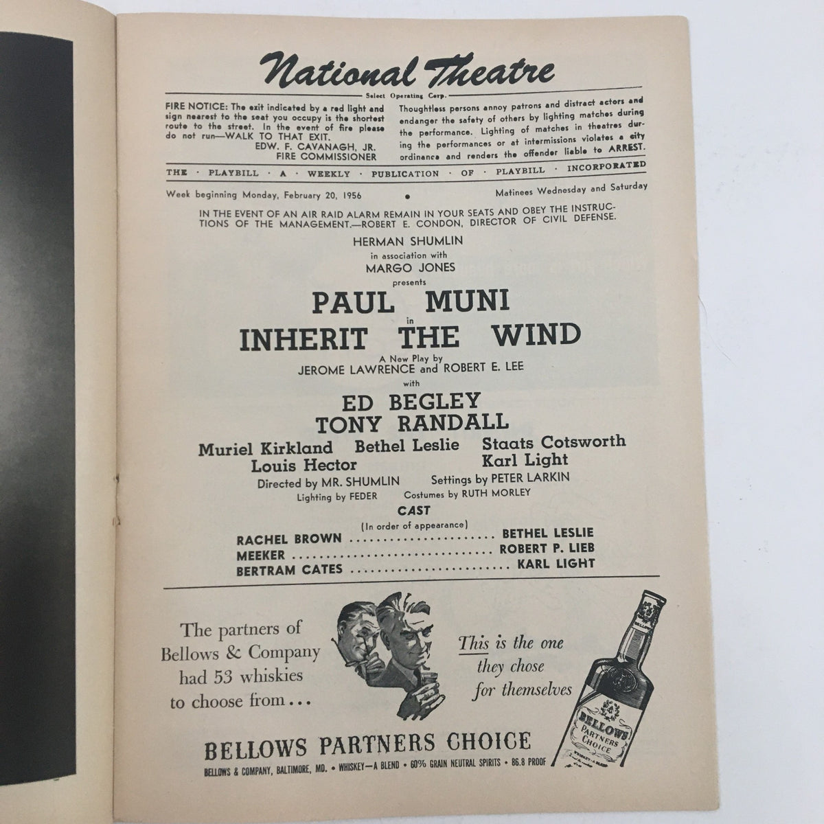 Interior page of the 1956 Playbill for the National Theatre, displaying cast information for Paul Muni in Inherit The Wind, a classic theatrical production.