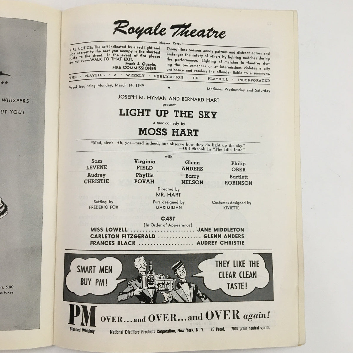 1949 Playbill for 'Light Up The Sky' by Moss Hart, showcasing the Royale Theatre details and cast list.