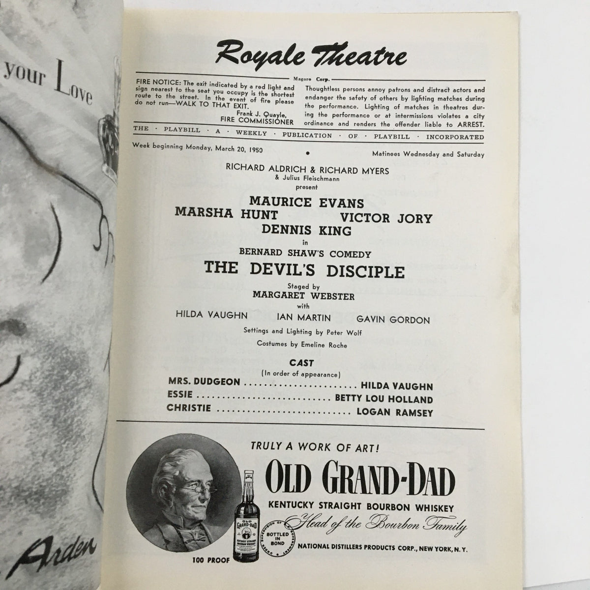 Interior page of the 1950 Playbill for The Devil's Disciple showcasing the cast and production details including Maurice Evans and other performers at the Royale Theatre.