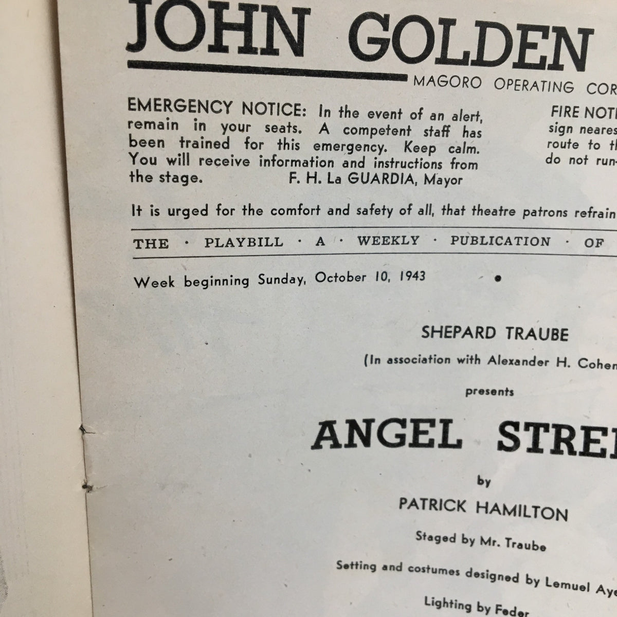 Another interior view of the 1943 Playbill from John Golden Theatre displaying cast and production information for 'Angel Street'.