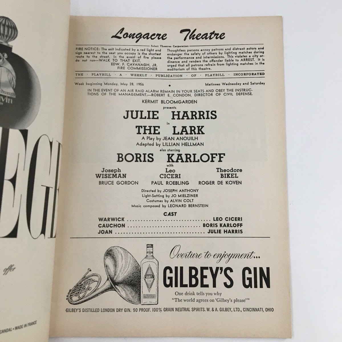 Inside page of the 1956 Playbill for The Lark at Longacre Theater, featuring cast details, including Julie Harris and Boris Karloff.