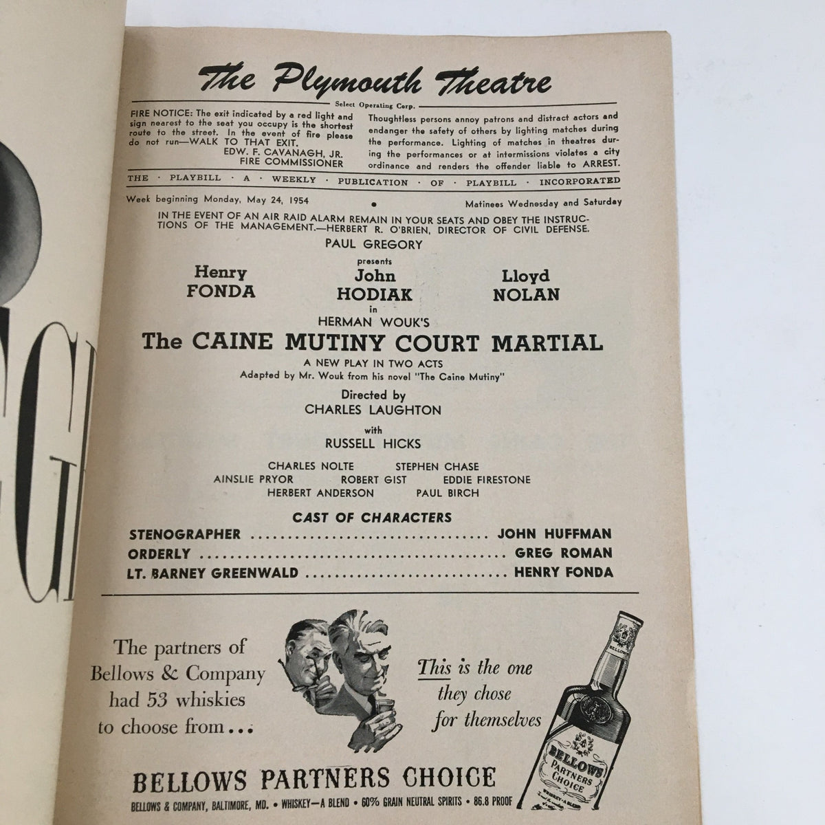 Interior page of the 1954 Playbill for The Plymouth Theatre's The Caine Mutiny Court Martial, featuring cast details and a brief description of the play.
