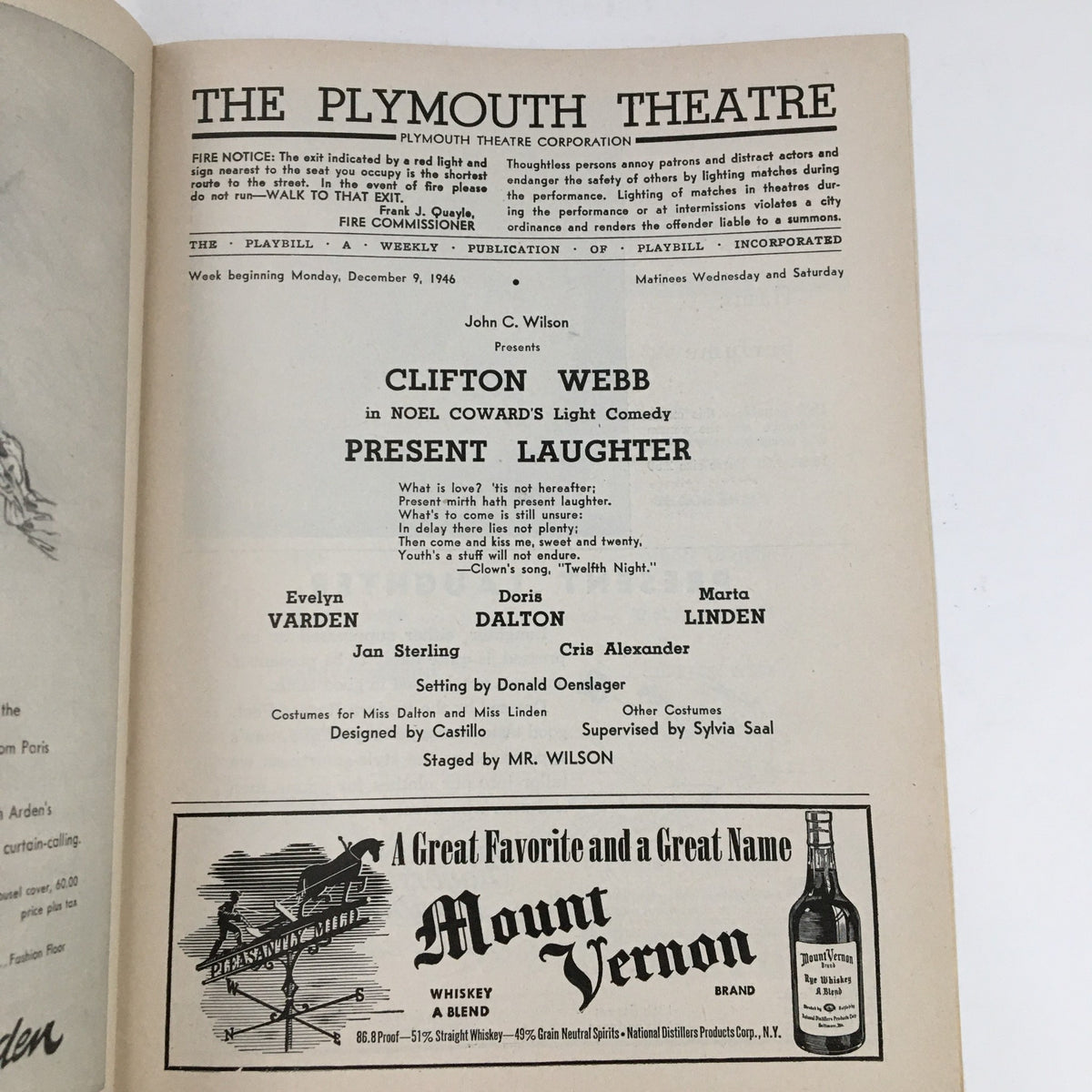 Interior page of the 1946 Playbill for Present Laughter, detailing the cast and production information from The Plymouth Theatre.