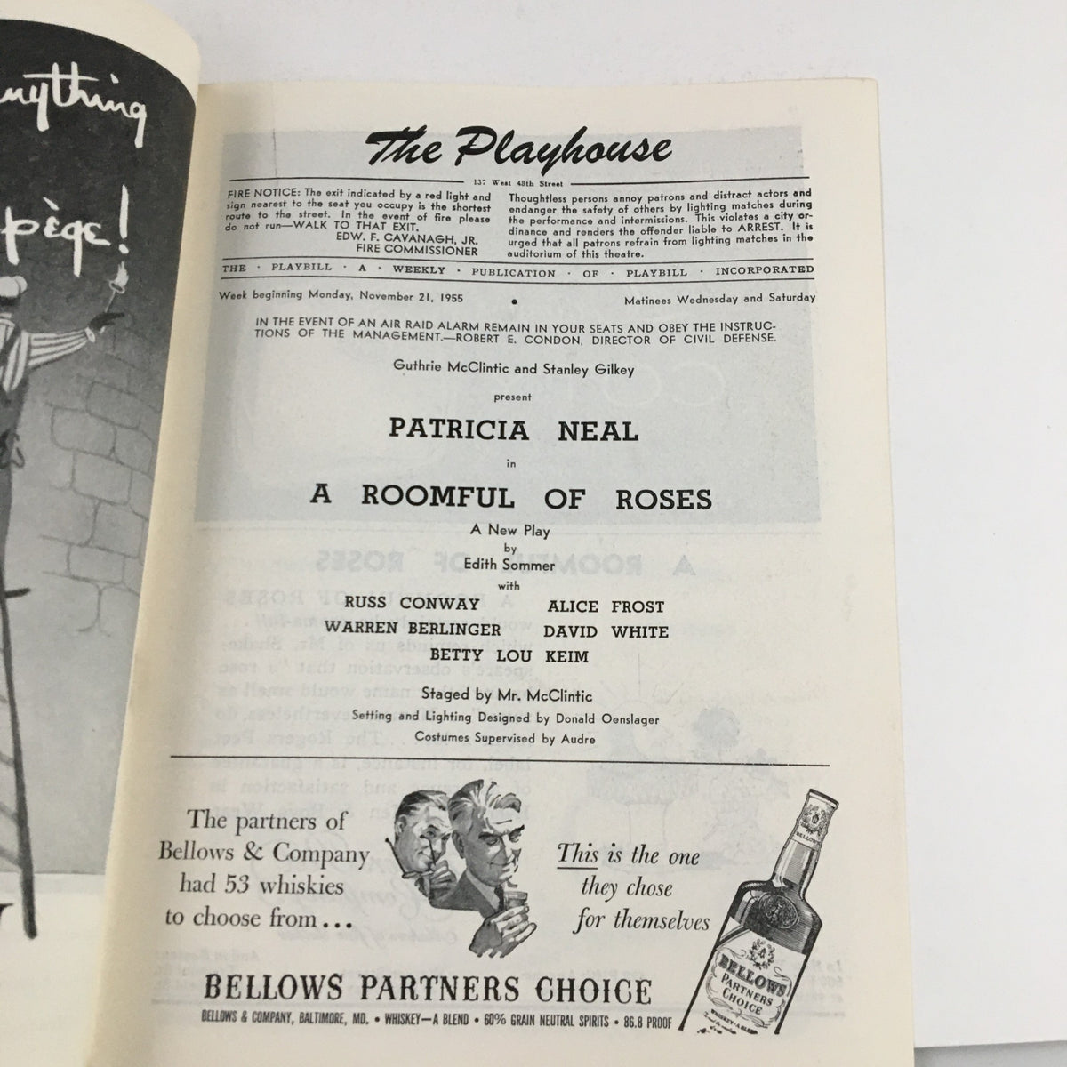 1955 Playbill for The Playhouse featuring Patricia Neal in A Roomful of Roses, showcasing the cast and production details.
