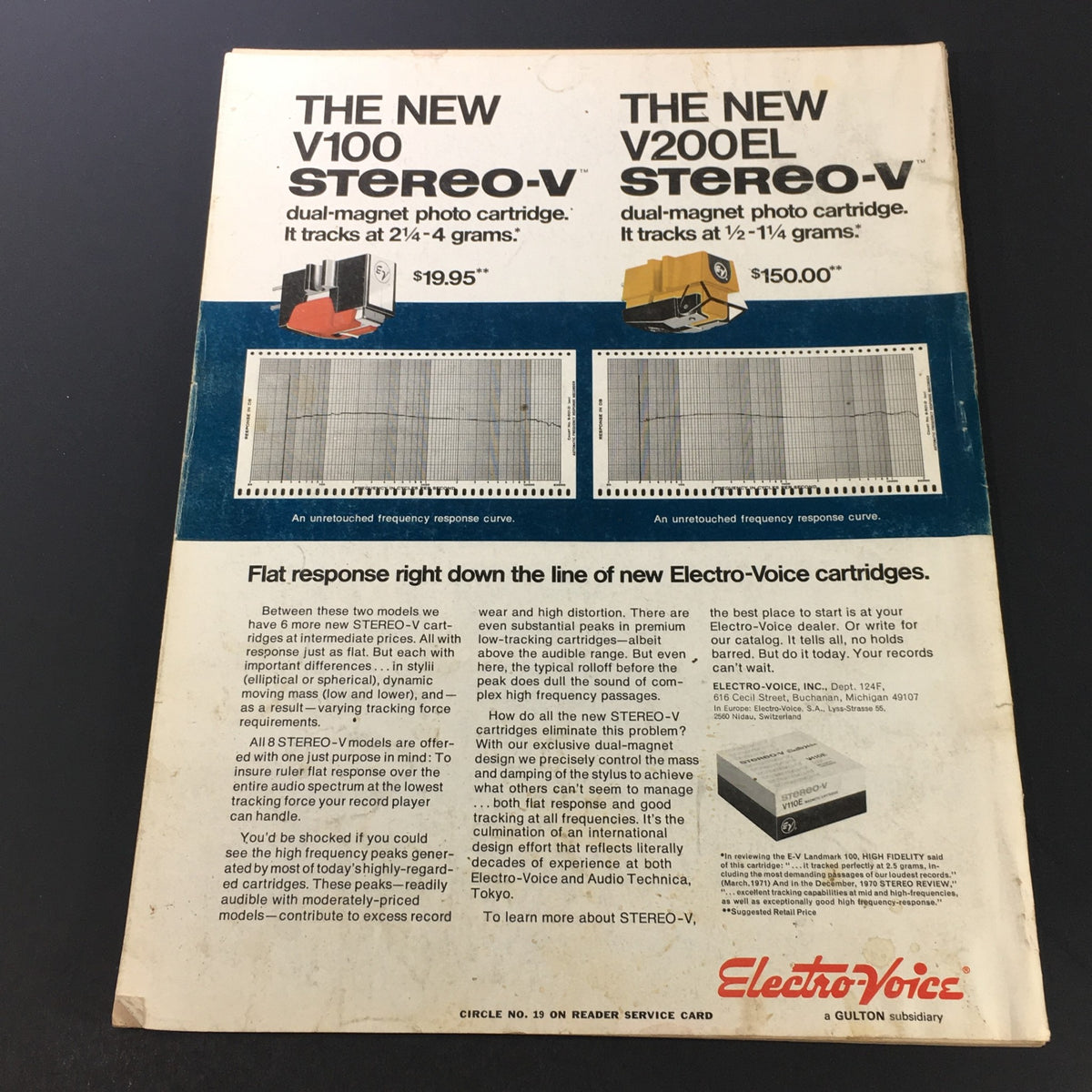 Back cover of VTG Stereo Review Music Magazine January 1972 showcasing Electro-Voice dual-magnet photo cartridges and frequency response graphs.