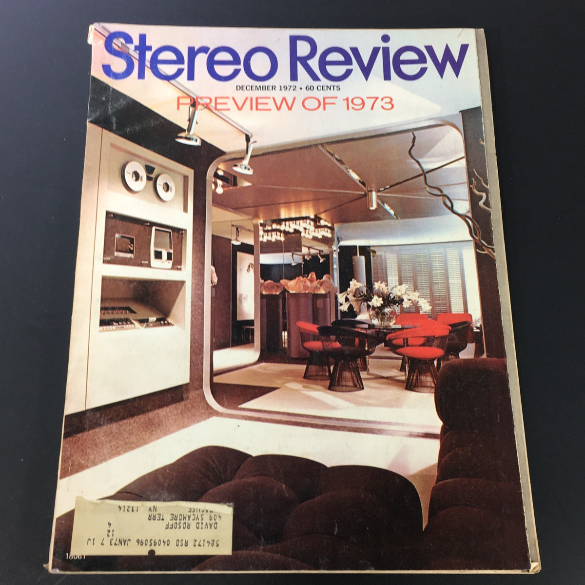 Cover of VTG Stereo Review Music Magazine December 1972, showcasing a modern living space and a preview of the music scene for 1973. The magazine features retro aesthetics and design elements from the early 70s.