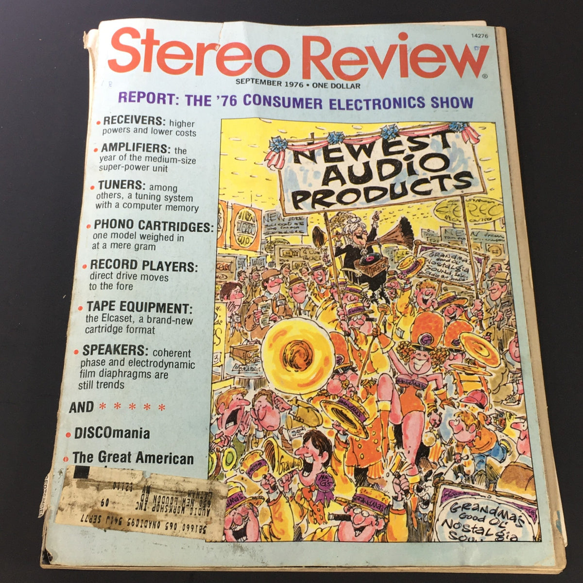 Vintage Stereo Review Music Magazine September 1976 cover featuring colorful illustration of the 'Newest Audio Products' at the Consumer Electronics Show.