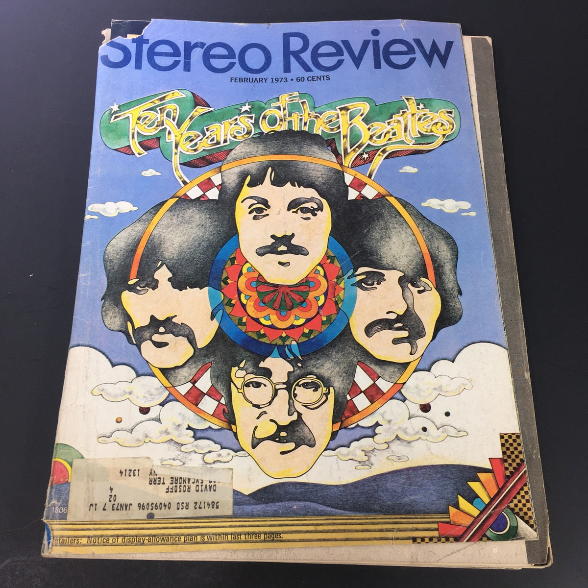VTG Stereo Review Music Magazine February 1973 cover featuring 'Ten Years of The Beatles', showcasing colorful artwork depicting Beatles members against a psychedelic background.