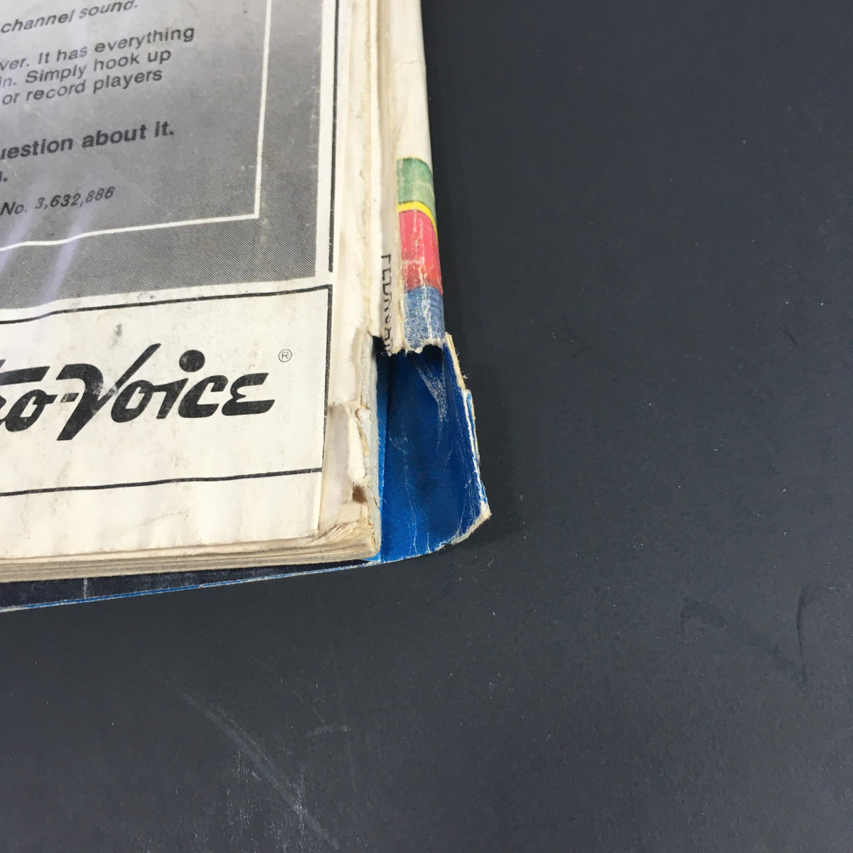 Detailed view of the spine of the VTG Stereo Review Music Magazine February 1973, showing minor damage and wear while retaining the title 'Ten Years of The Beatles'.