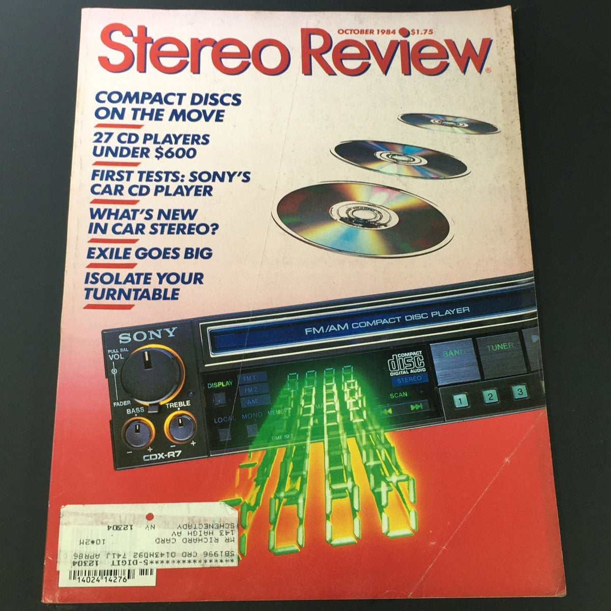 Cover of VTG Stereo Review Music Magazine from October 1984 featuring first tests of Sony's car CD player and discussions on compact disc technology.