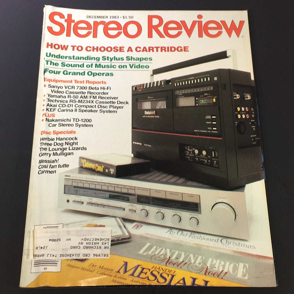 Cover of the vintage magazine 'Stereo Review' from December 1983, featuring an article on 'The Sound of Music on Video' and various audio equipment listings.