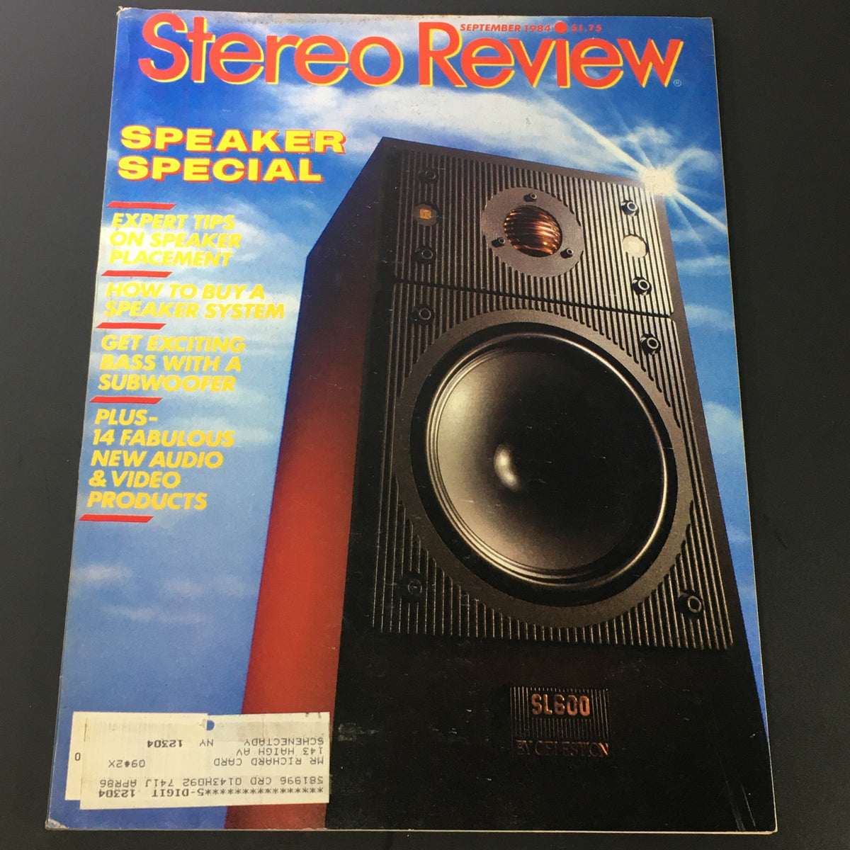 Cover of the VTG Stereo Review Music Magazine September 1984 featuring a speaker on the front and showcasing '14 New Fabulous Audio & Video' innovations. The magazine includes expert tips on speaker placement, buying a speaker system, and getting exciting bass with a subwoofer.