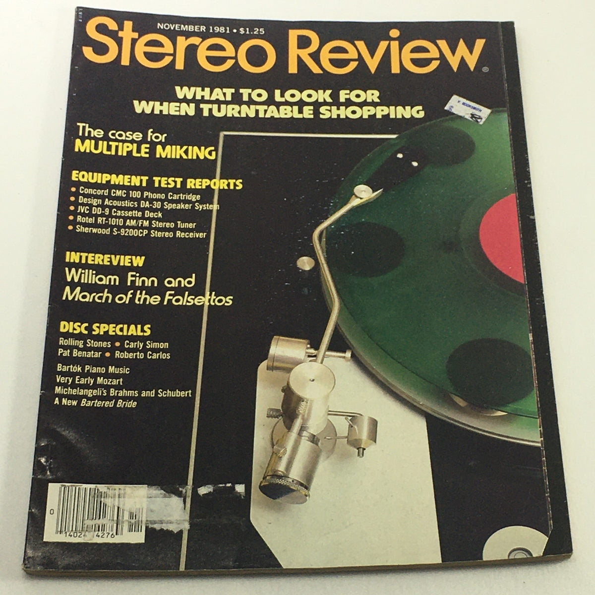 Vintage Stereo Review Music Magazine November 1981 featuring an interview with William Finn and coverage on March of the Falsettos. The cover highlights various audio equipment and music disc specials.