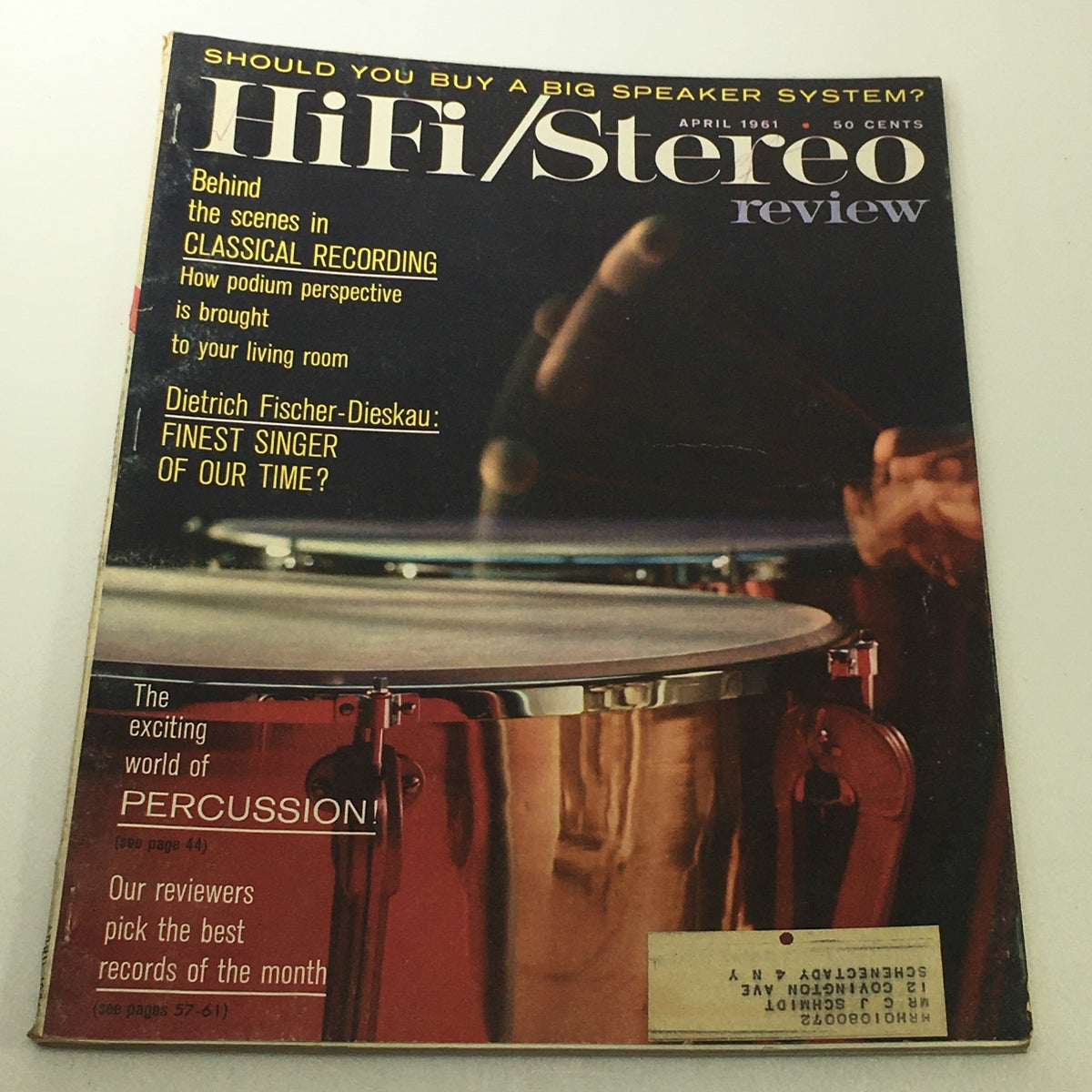 Cover of VTG HiFi Stereo Review Magazine April 1961 featuring Dietrich Fischer-Dieskau and a percussive instrument, showcasing vintage music culture.