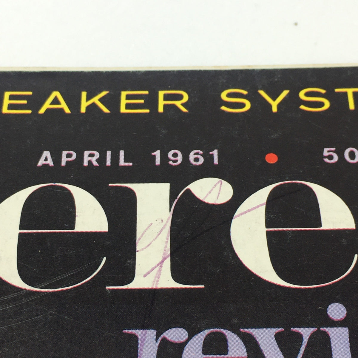 Close-up of the title and date on the VTG HiFi Stereo Review Magazine April 1961, highlighting classic design elements.