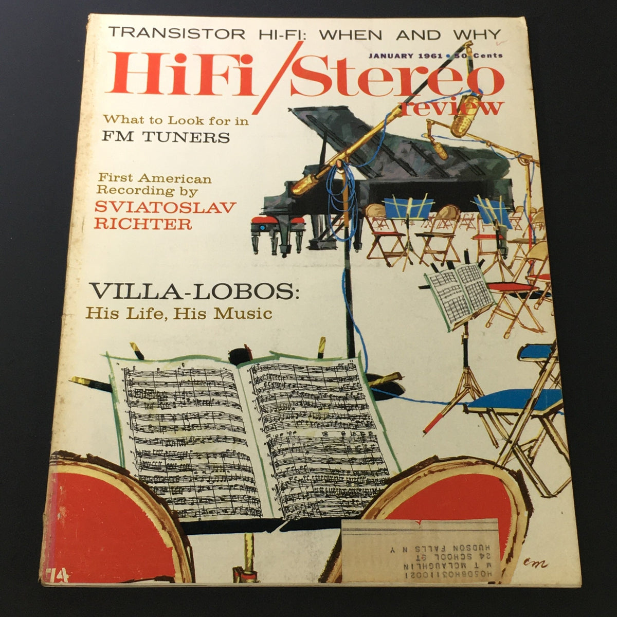 January 1961 HiFi Stereo Review Magazine cover featuring Sviatoslav Richter's first American recording, with illustrations of musical instruments and sheet music.