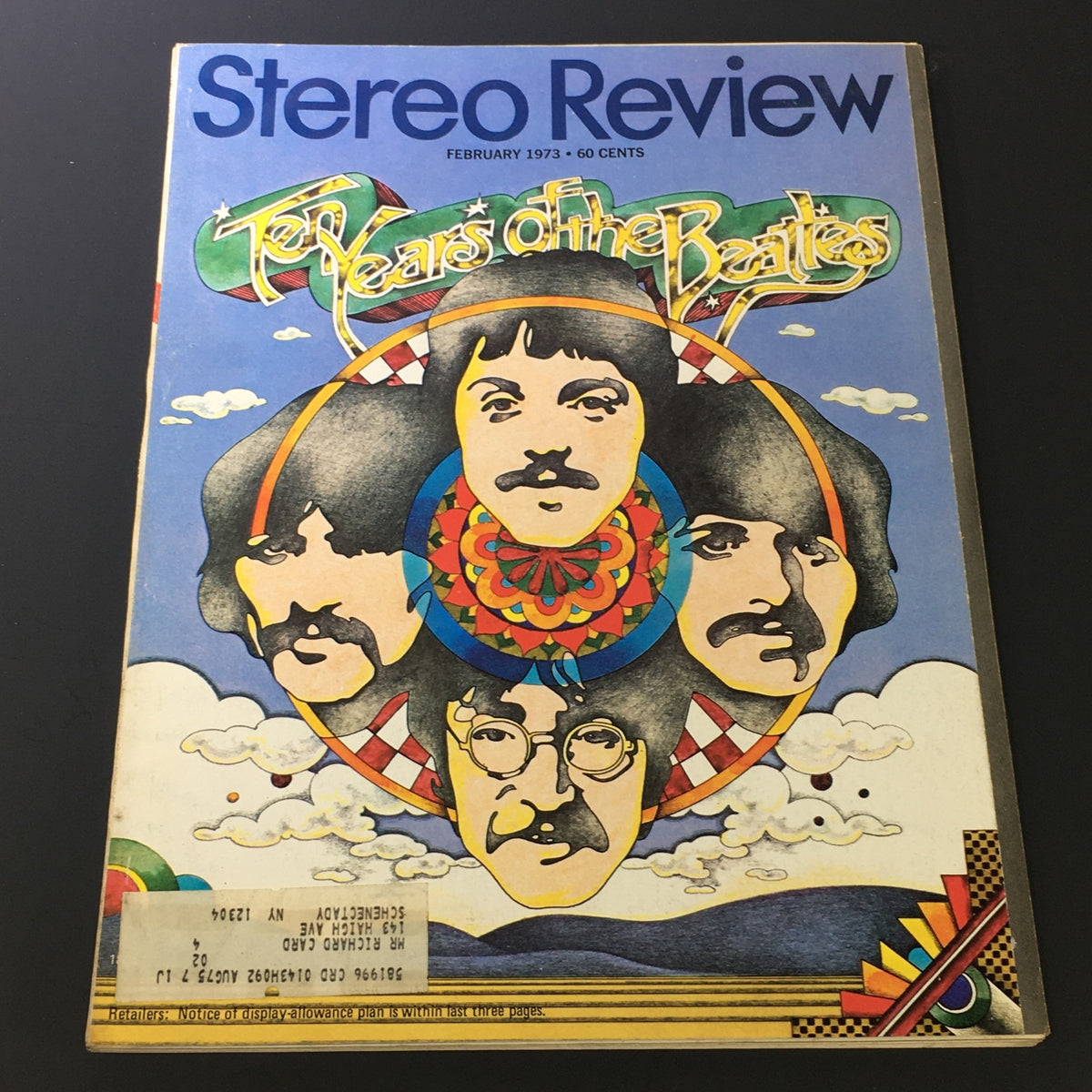 Cover of the VTG HiFi Stereo Review Magazine from February 1973 featuring a tribute to The Beatles, titled 'Ten Years of The Beatles', showcasing vibrant artwork and colorful imagery.