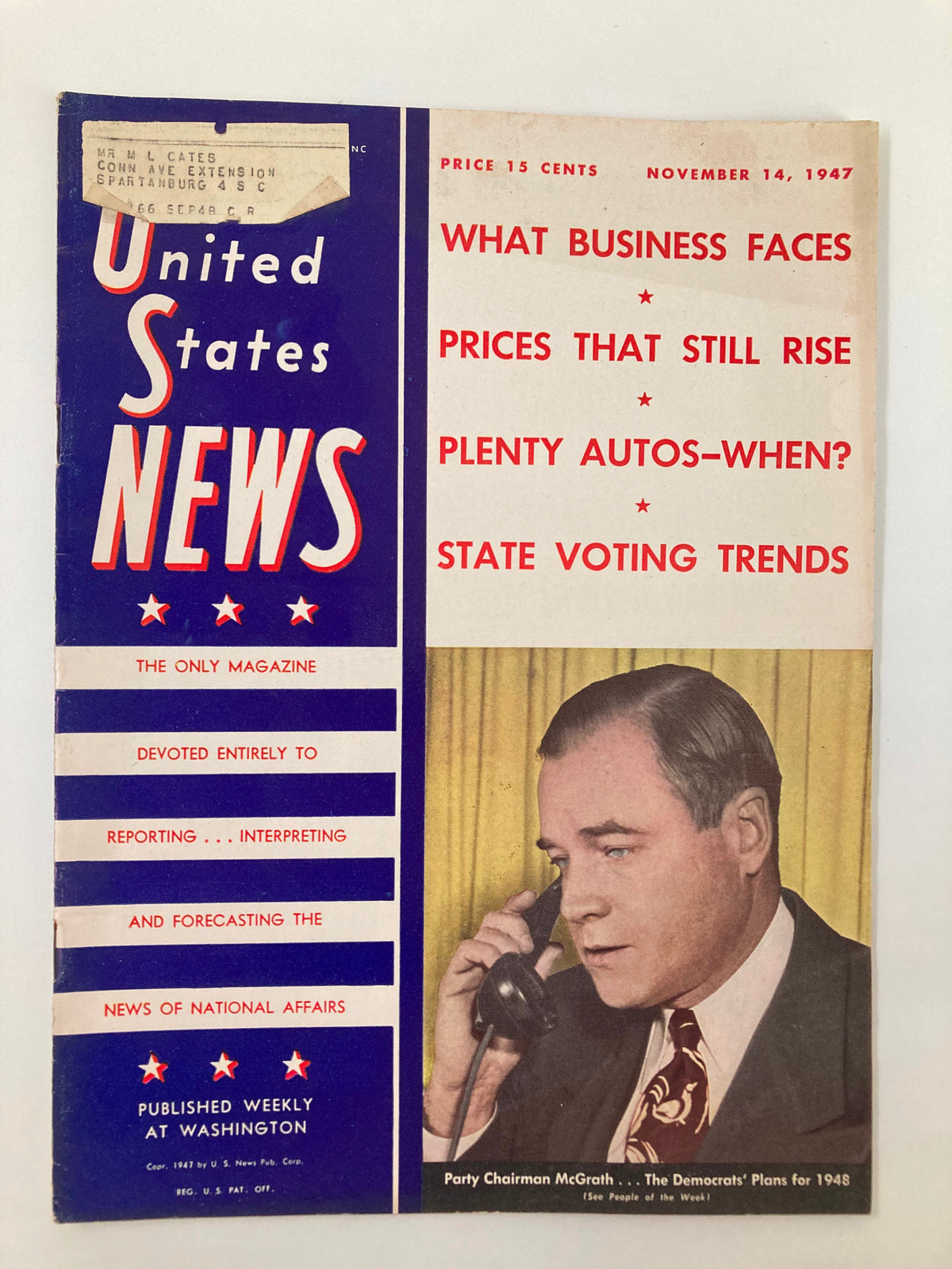 Cover of US News & World Report Magazine dated November 14, 1947, featuring Party Chairman J. Howard McGrath, with articles on business, prices, and state voting trends.