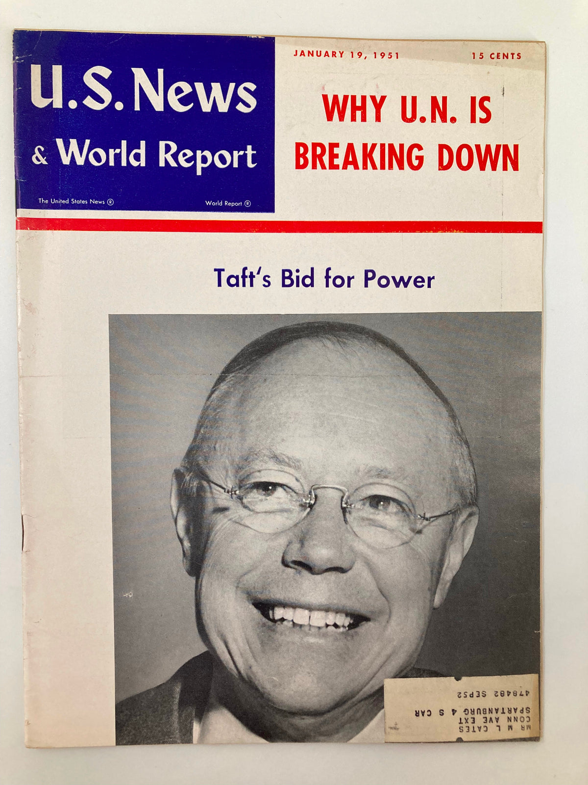 US News & World Report Magazine from January 19, 1951, featuring the cover story 'Why U.N. is Breaking Down' along with a prominent image and headlines regarding Taft's Bid for Power.