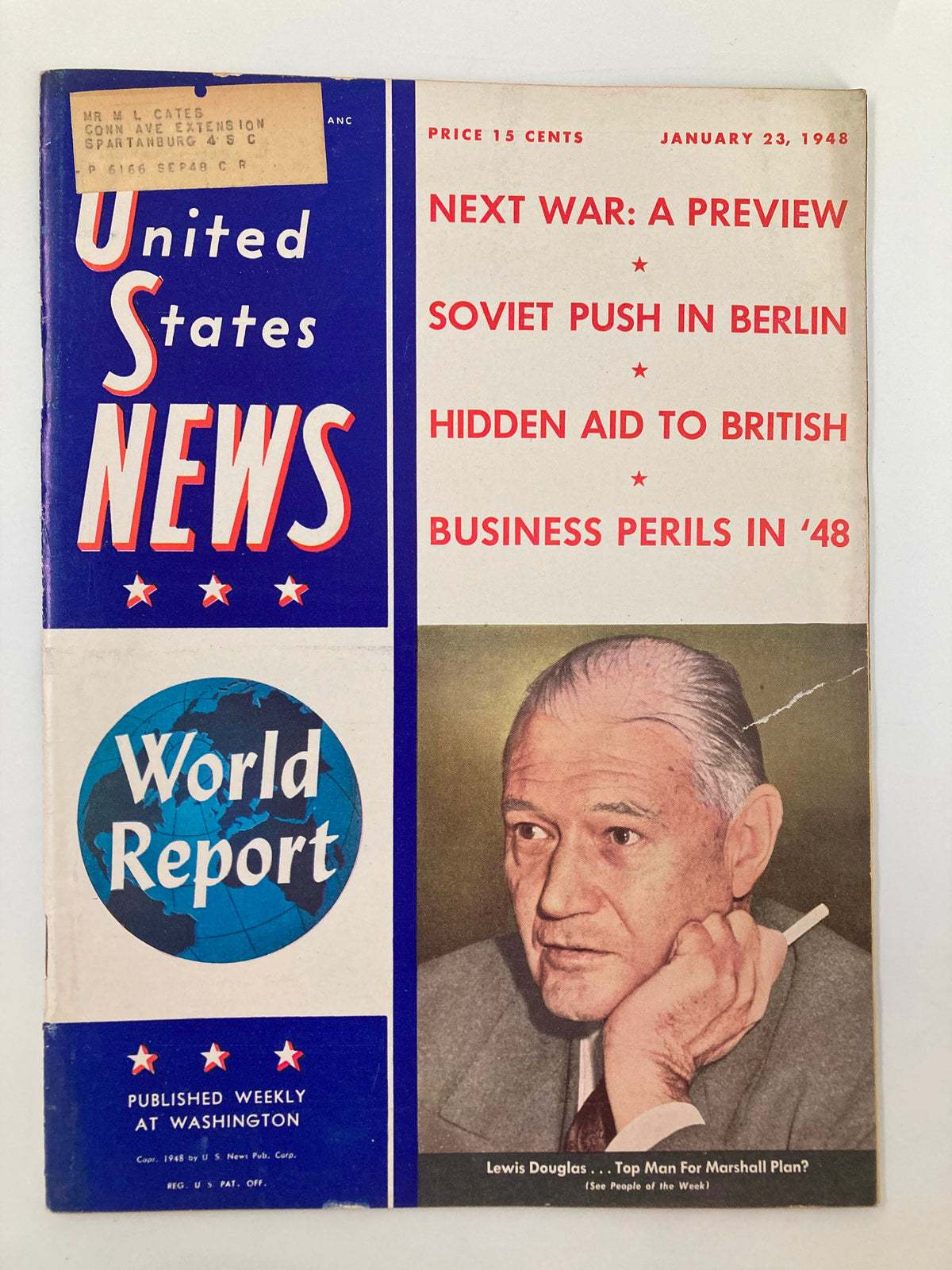 Cover of US News & World Report Magazine from January 23, 1948, featuring Lewis Douglas advocating for the Marshall Plan, with headlines about the next war, Soviet influence in Berlin, and business challenges in 1948.