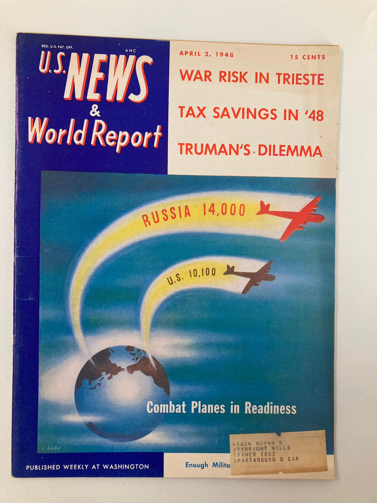 Cover of US News & World Report Magazine dated April 2, 1948, featuring a graphic of U.S. and Russian combat planes in readiness, highlighting war risk and tax savings.