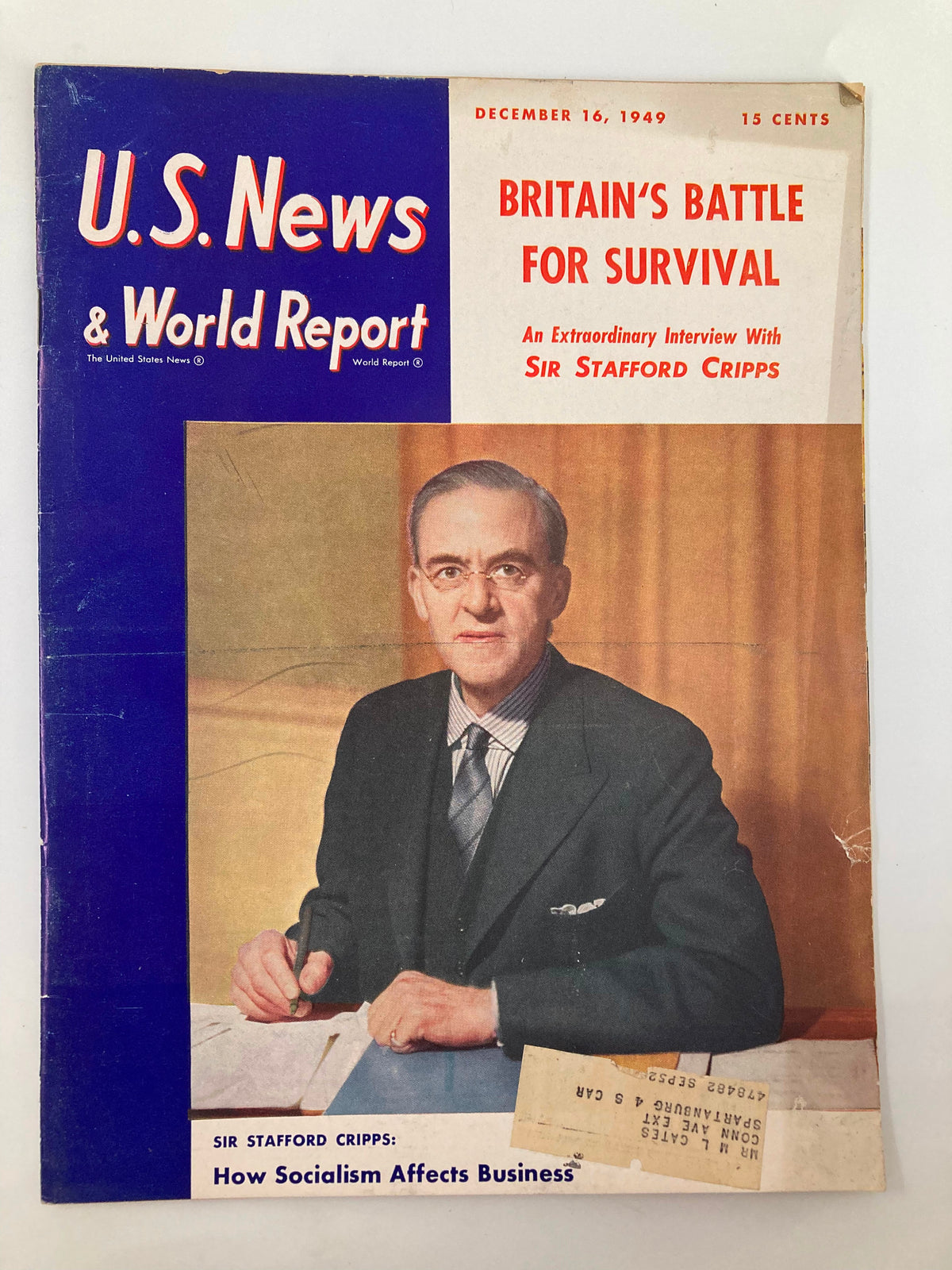 Cover of US News & World Report Magazine, December 16, 1949, featuring an exclusive interview with Sir Stafford Cripps, highlighting Britain's battle for survival.