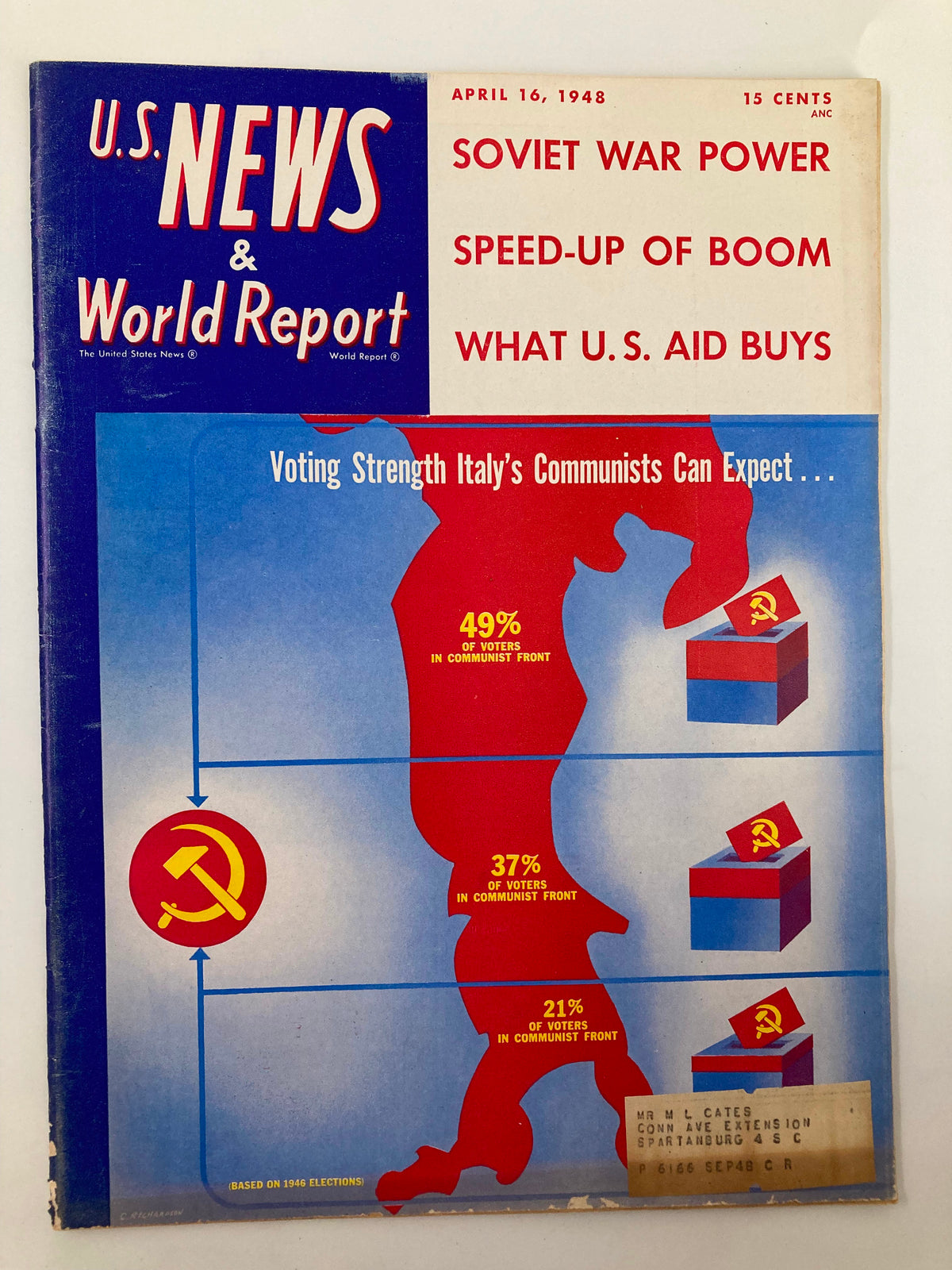 Cover of US News & World Report Magazine from April 16, 1948, featuring the article 'Voting Strength Italy's Communist' with graphics showing voting percentages. The cover also includes headlines regarding Soviet power and U.S. aid.