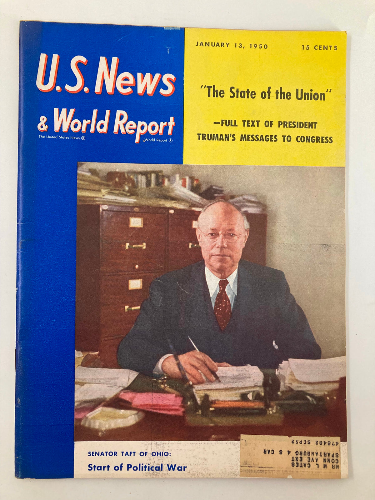 Cover of US News & World Report Magazine from January 13, 1950 featuring Senator Robert Alphonso Taft, with a blue background and a prominent title about the State of the Union and President Truman's messages to Congress.